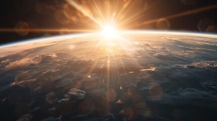 Poster - Space view of Earth with sunlight ascending and lighting the sky