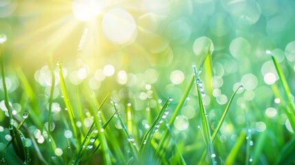 Aufkleber - Spring grass with morning dew glistening in natural light