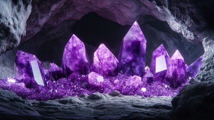 Wall Mural - a cluster of amethyst crystals shine in the dark of a cave.