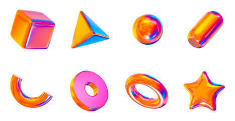 Aufkleber - 3d set neon or holographic shapes: square, sphere, pyramid, torus, star, icosphere, disk, capsule. Metal simple figures for your design. Stock vector illustration on isolated background.