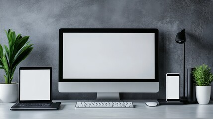 Poster - Tech setup featuring monitor laptop tablet smartphone against minimalist backdrop