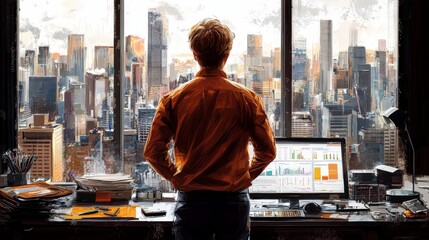 Poster - Analyst Reflecting on Cityscape from Office Window