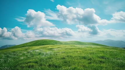 Poster - The mountaintop's green grassland stretches under a sky painted with light, airy clouds, providing a tranquil and expansive visual effect.