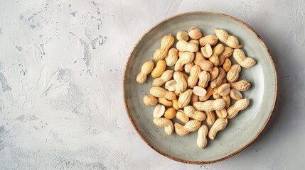 Poster - Top view of a simple plate filled with shelled peanuts, with the clean background providing a stark contrast that emphasizes the peanuts' natural color