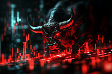 Muscular huge bull on the backdrop of a rising stock price chart background.