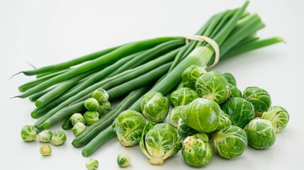 Poster - Variety of green vegetables including green beans, Brussels sprouts, and green onions on a simple background, displaying their fresh and healthy appearance.
