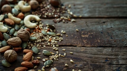 Poster - Various nuts and seeds scattered on a wooden surface