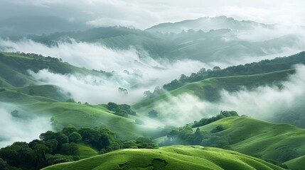 Poster - Verdant hills and misty clouds creating a serene landscape