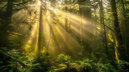 Poster - Vibrant forest scenery with sunlight streaming down