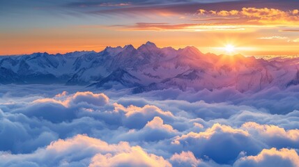 Aufkleber - Vibrant winter sunset illuminating snow-covered peaks above misty clouds