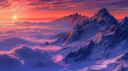 Aufkleber - Vibrant winter sunset illuminating snow-covered peaks above misty clouds