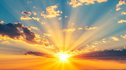 Aufkleber - Warm, golden sun rays stretching across a sunset sky, casting a tranquil light over the horizon