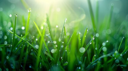 Aufkleber - Wet morning dew on fresh green grass under soft light