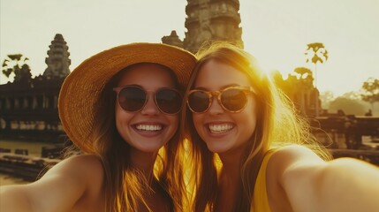 Two women smiling and wearing sunglasses and hats