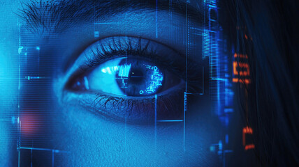 Poster - Facial recognition technology, woman eye with digital data, face close-up. Concept of identification, person, id, AI, verification