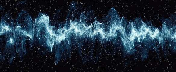 Poster - Cyber data waves in digital space, network surface abstract background, secure AI technology in dark cyberspace. Concept of sound, music, future, tech.