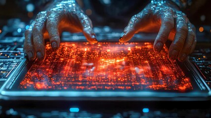 Poster - Close-up of hands on a high-tech tablet screen glowing with red lights, illustrating futuristic technology interaction and control