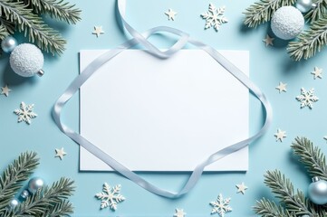 Festive blank card with snowflakes and pine branches on light blue background