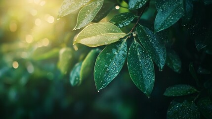 Wall Mural - a detailed close up view of a vibrant green leaf with water drops on it