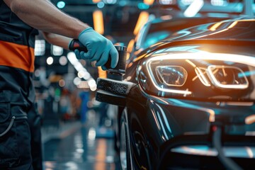 Auto repair shop worker using orbital polisher for car detailing.