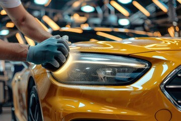 Professional male worker polishing luxury car hood in auto shop.