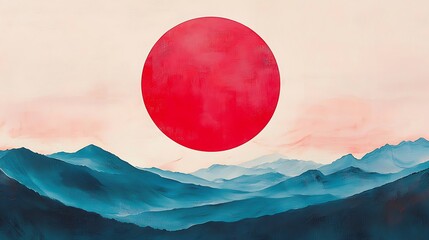 Wall Mural - a?? Minimalist abstract landscape featuring a large red sphere.