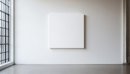 A minimalist white canvas displayed on a wall in a gallery setting.