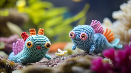 Two crocheted aquatic creatures in a lively coral setting, featuring multicolored designs with imaginative expressions, evoking whimsical underwater adventures and joy.