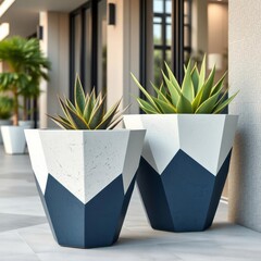 Modern geometric concrete planters beautiful painted concrete pots Condominium Ultra realistic Photorealistic 