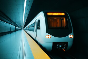 A modern train is waiting at a subway station with neon lights.