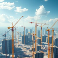 Panoramic view of construction sites and many cranes working in a new construction business : generative ai Condominium Ultra realistic Photorealistic 