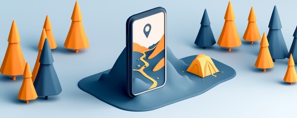 An outdoor-themed smartphone illustration, showing a GPS route through a forest with trails and camping spots marked on the screen.