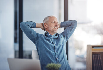 Aufkleber - Mature, happy or businessman with laptop in relax for break, done or completion at office. Male person, designer or employee with smile or leaning back for rest, finished or productivity at workplace