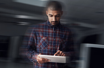 Fototapete - Employee, man and reading at office with tablet for online reviews, research or insights as social media manager. Male person, business and type on internet or website for communication or networking