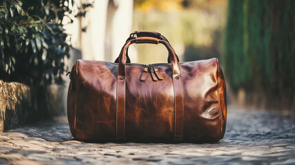 A modern, fashionable leather duffel bag travel case with a sturdy carry handle, perfect as a stylish holdall or valise.