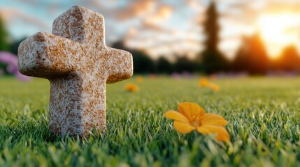 Poster - Stone cross in a serene field at sunset, surrounded by vibrant flowers, AI