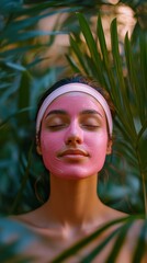 Beautiful young woman with closed eyes enjoying a pink cosmetic face mask treatment surrounded by lush tropical plants, promoting wellness and skincare