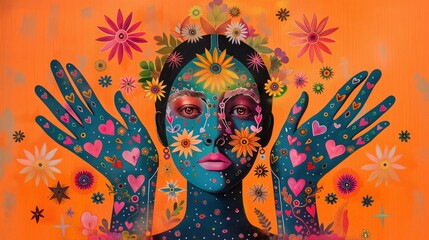 Poster - modern floral face art with heart motifs 2d illustration, ai generated