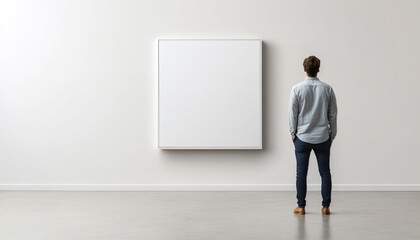 A person stands before a blank canvas on a minimalist wall.