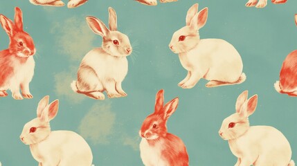 Poster - red and white rabbits arranged on textured teal background 2d illustration, ai generated