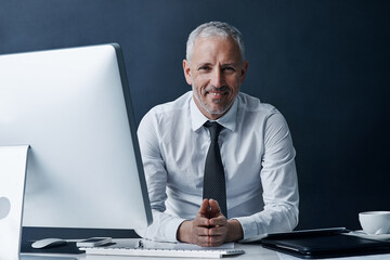 Aufkleber - Portrait, employee and mature man with computer, smile and pride on dark background. Face, happy person and entrepreneur in modern office, technology and corporate professional with career ambition