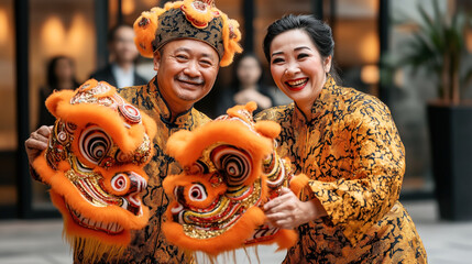 Two people in traditional costumes smiling while holding vibrant lion dance masks, indoors, with blurred background ambiance.