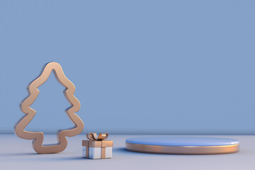 Poster - 3D empty stand podium with golden abstract Christmas tree and gift box for showcasing products on winter holidays