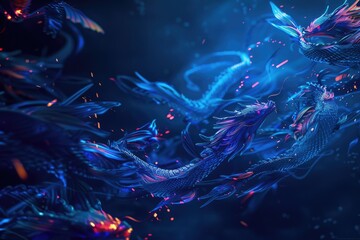 Abstract flying dragons on dark blue background for AI design.