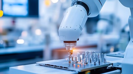 Poster - A close-up of a robotic arm manipulating precision parts in a modern factory setting, showcasing advanced manufacturing technology.