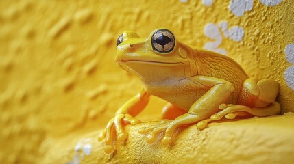 Poster - A close up view of a bright yellow tree frog resting on a yellow surface in natural light