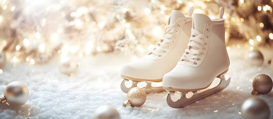 A close-up of a pair of white ice skates standing on a snowy surface, with festive holiday decorations such as golden ornaments nearby. 