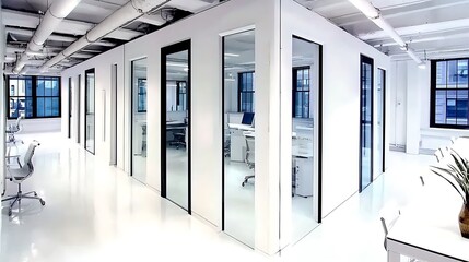  Modern Minimalistic Concrete Coworking Office room with Blank Walls, High Ceilings,and Mockup Frame