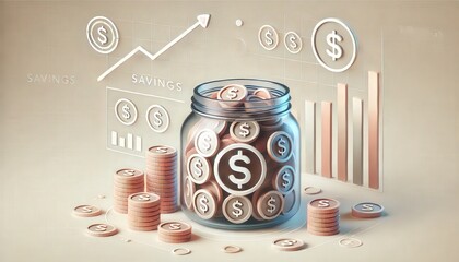Aufkleber - A glass jar filled with dollar coins surrounded by growth charts and stacks of coins, representing financial savings and investment.
