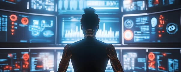 Poster - a focused individual monitors multiple data screens in a futuristic control room, highlighting techn